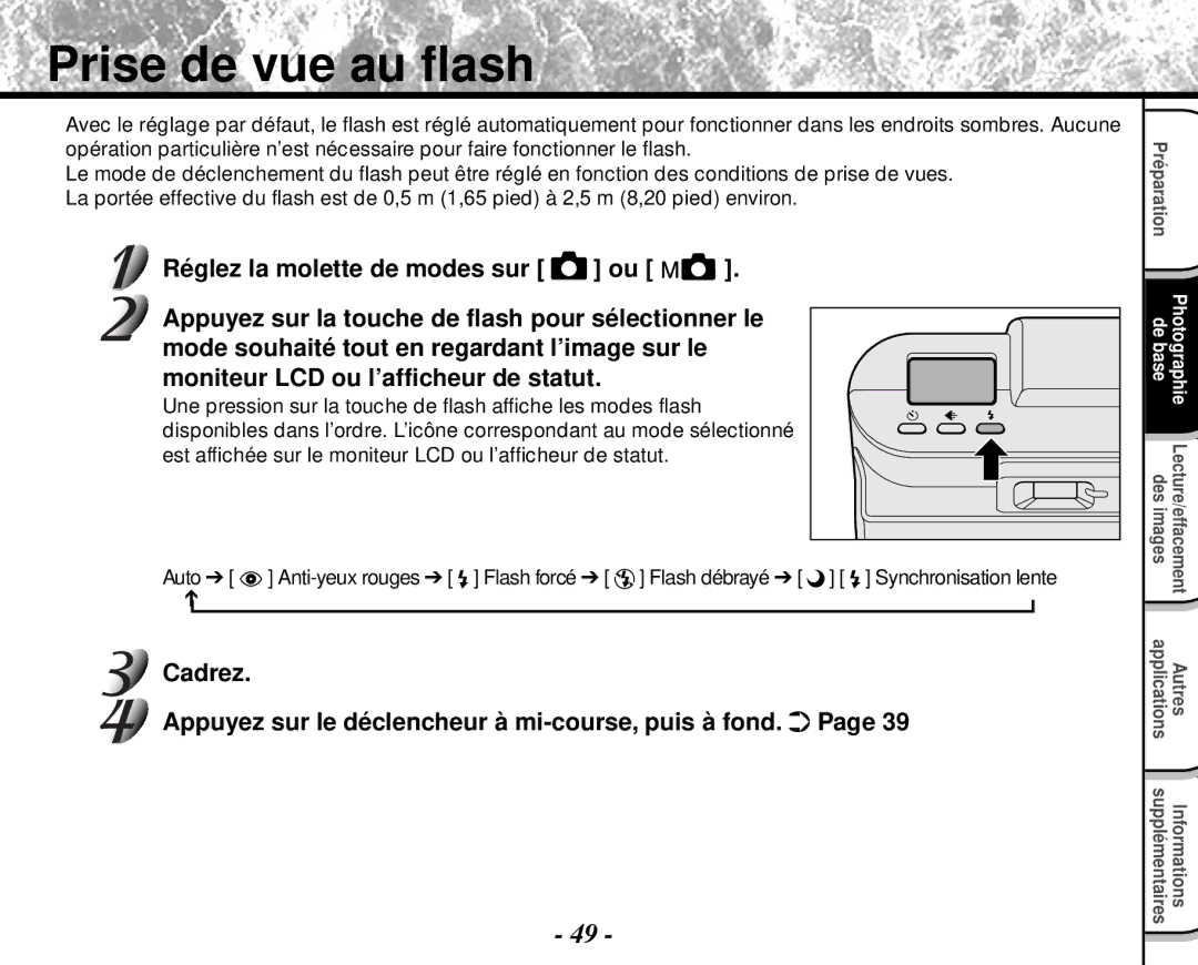 Toshiba PDR-M4 Prise de vue au flash, Cadrez, Une pression sur la touche de flash affiche les modes flash 