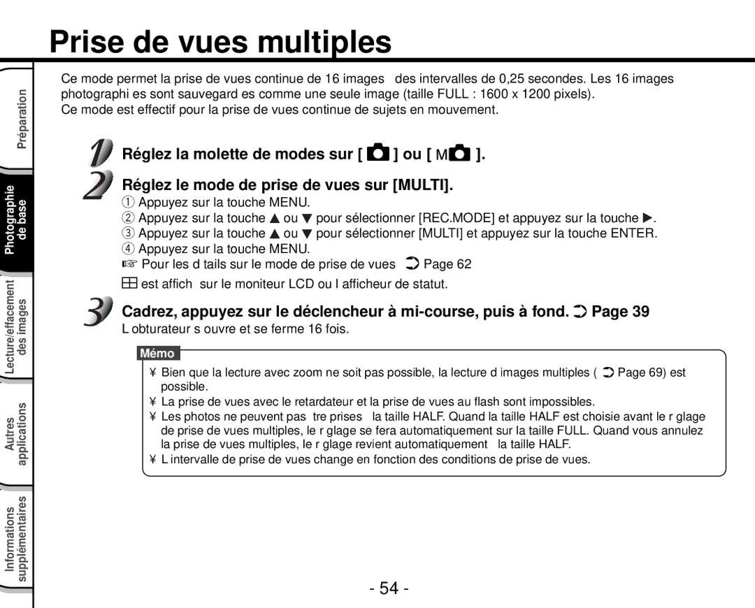 Toshiba PDR-M4 Prise de vues multiples, Appuyez sur la touche Menu, ’obturateur s’ouvre et se ferme 16 fois 