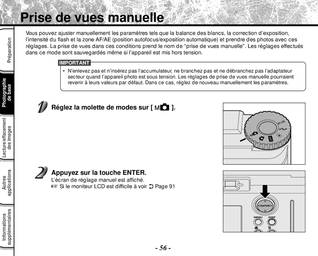 Toshiba PDR-M4 instruction manual Prise de vues manuelle, Réglez la molette de modes sur Appuyez sur la touche Enter 