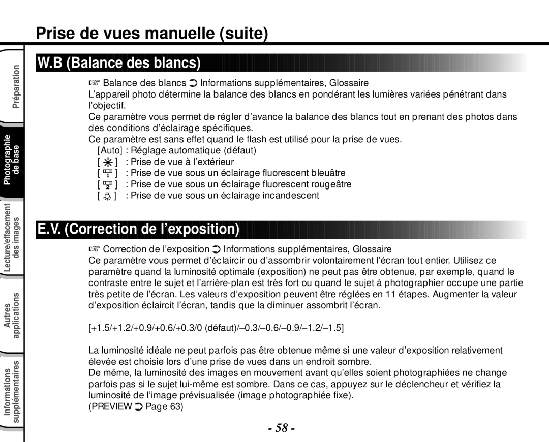 Toshiba PDR-M4 Balance des blancs, Correction de l’exposition, Prise de vue sous un éclairage incandescent 