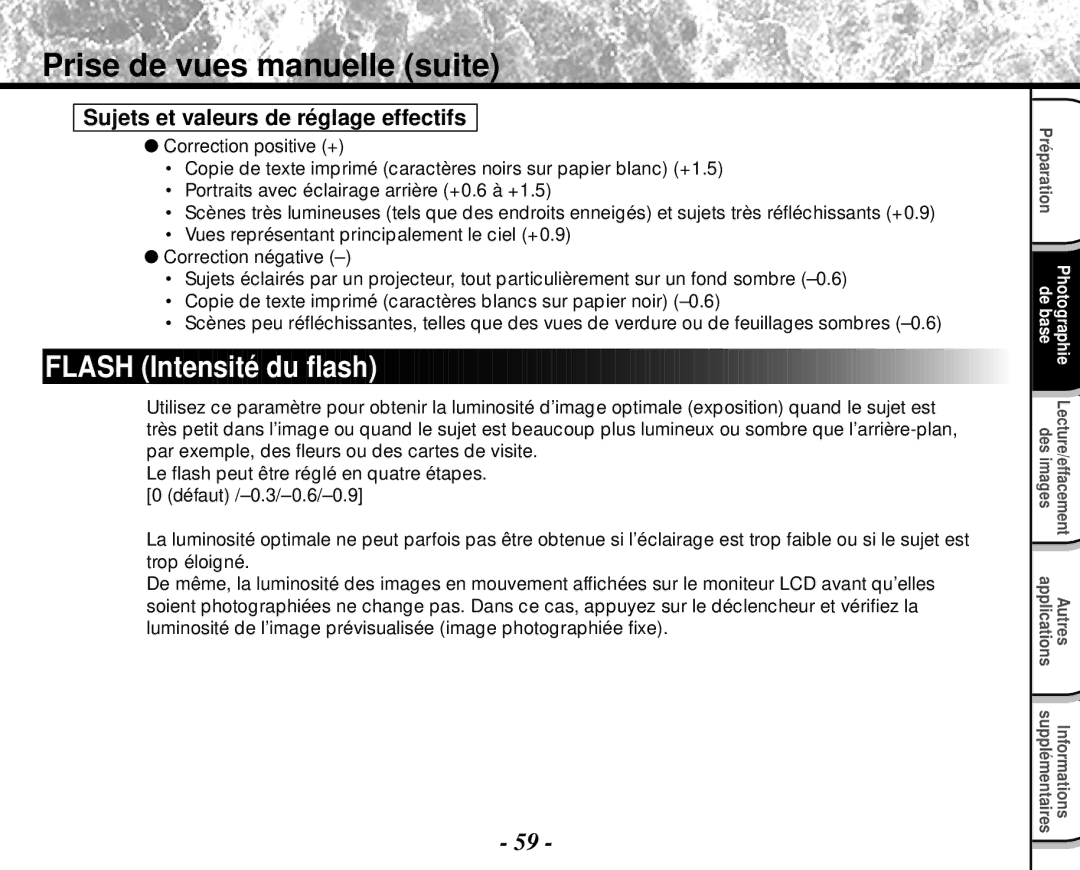 Toshiba PDR-M4 instruction manual Flash Intensité du flash, Sujets et valeurs de réglage effectifs 