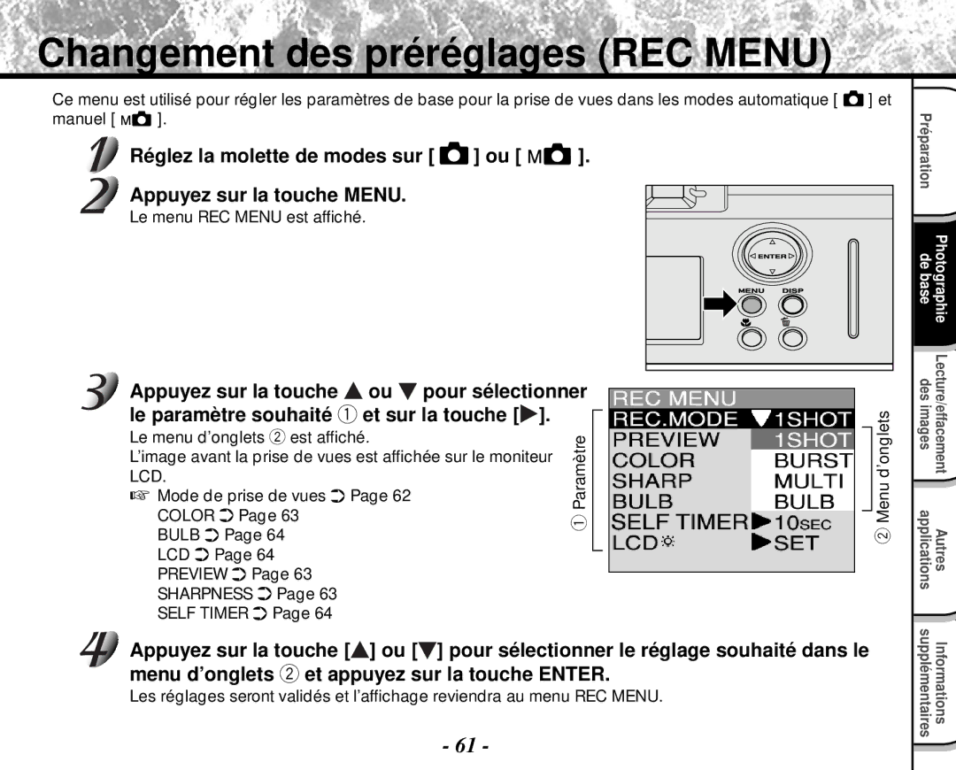 Toshiba PDR-M4 Changement des préréglages REC Menu, Réglez la molette de modes sur Appuyez sur la touche Menu 