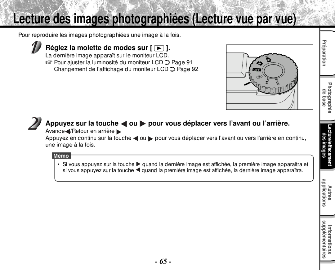 Toshiba PDR-M4 Lecture des images photographiées Lecture vue par vue, La dernière image apparaît sur le moniteur LCD 