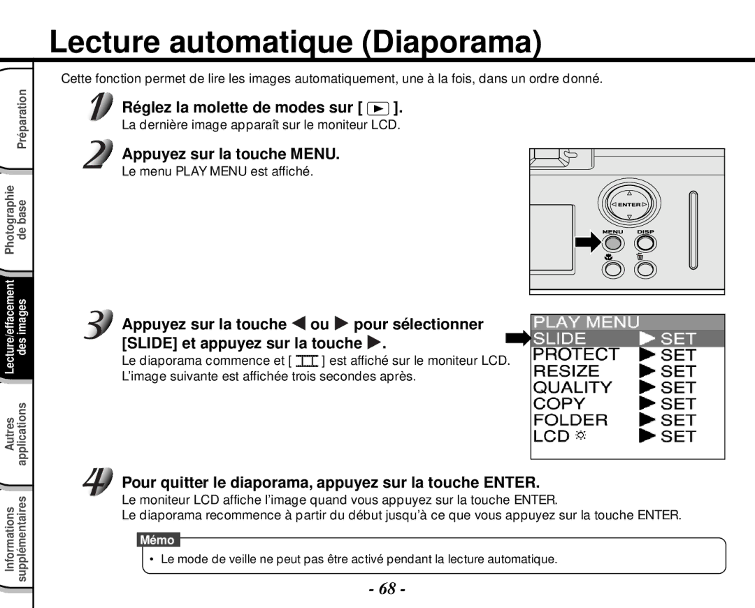 Toshiba PDR-M4 instruction manual Lecture automatique Diaporama, Pour quitter le diaporama, appuyez sur la touche Enter 