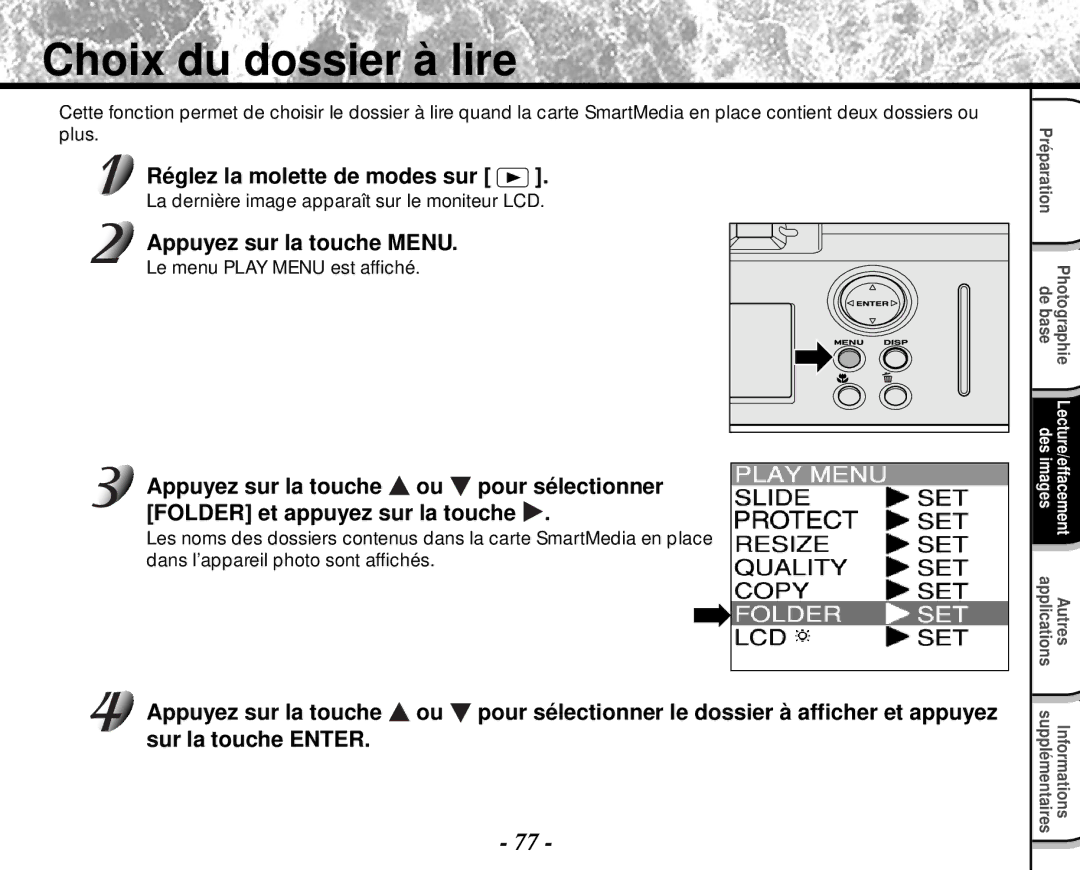 Toshiba PDR-M4 instruction manual Choix du dossier à lire, Folder et appuyez sur la touche, Sur la touche Enter 