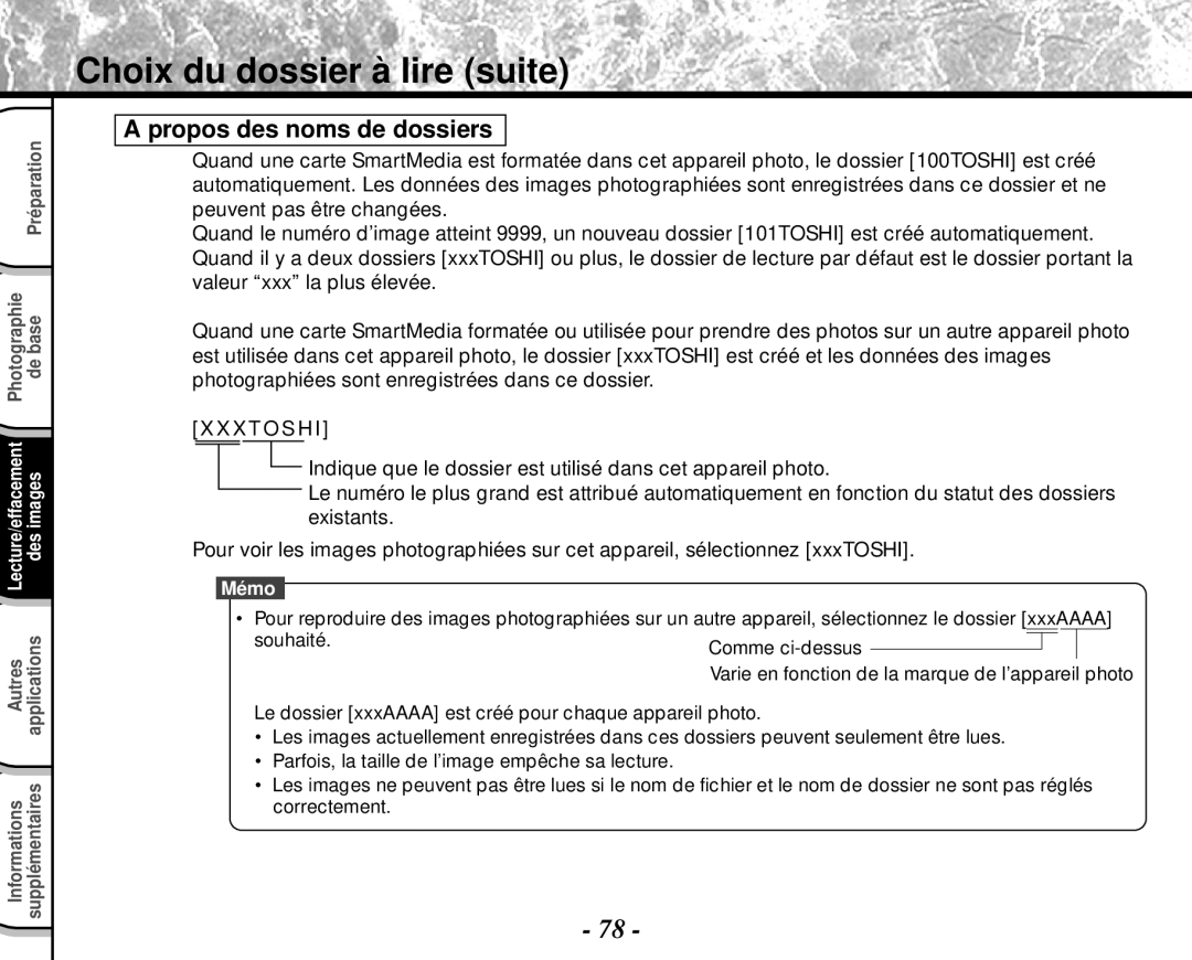 Toshiba PDR-M4 instruction manual Choix du dossier à lire suite, Propos des noms de dossiers 