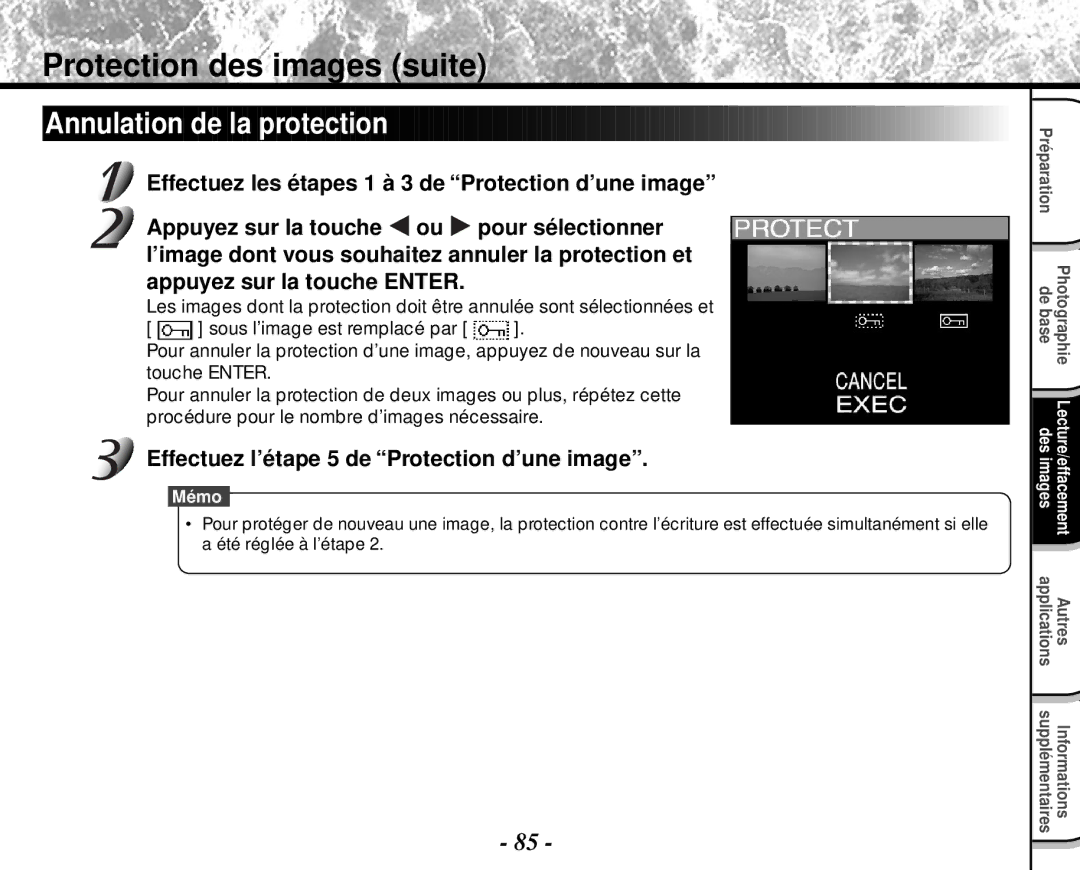 Toshiba PDR-M4 instruction manual Annulation de la protection, Effectuez l’étape 5 de Protection d’une image 