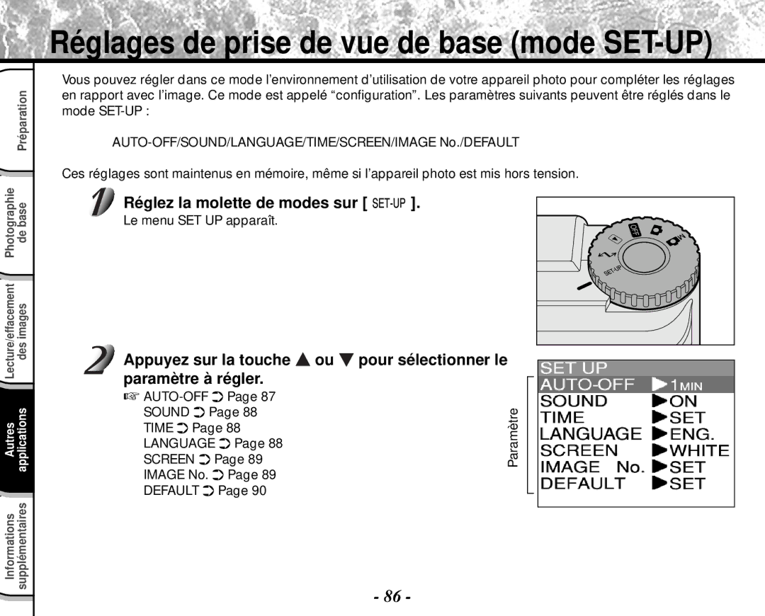 Toshiba PDR-M4 instruction manual Le menu SET UP apparaît, AUTO-OFF Sound, Time Language Image No. Default 