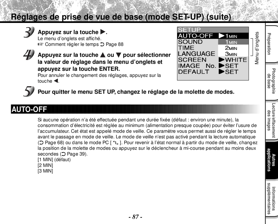 Toshiba PDR-M4 Réglages de prise de vue de base mode SET-UP suite, Le menu d’onglets est affiché Comment régler le temps 