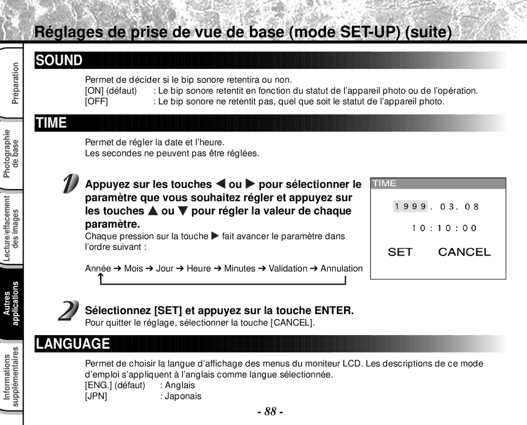 Toshiba PDR-M4 Sélectionnez SET et appuyez sur la touche Enter, Pour quitter le réglage, sélectionner la touche Cancel 