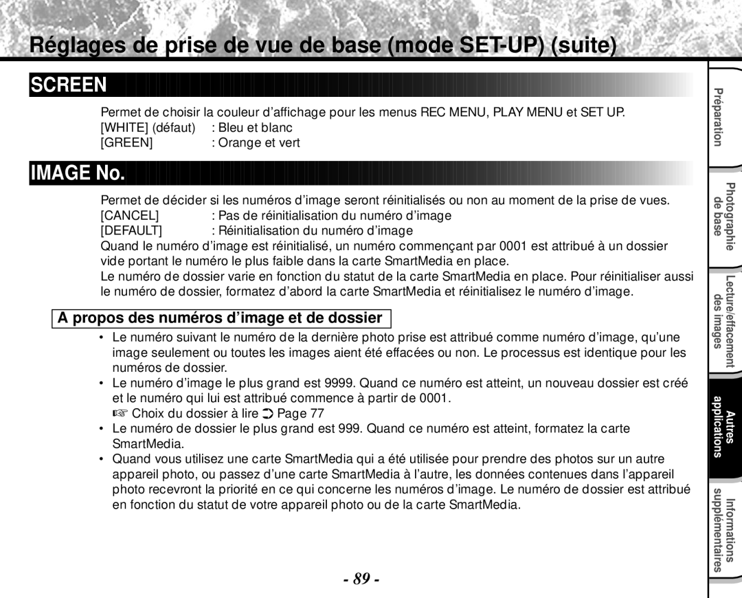 Toshiba PDR-M4 instruction manual Image No, Propos des numéros d’image et de dossier, Réinitialisation du numéro d’image 