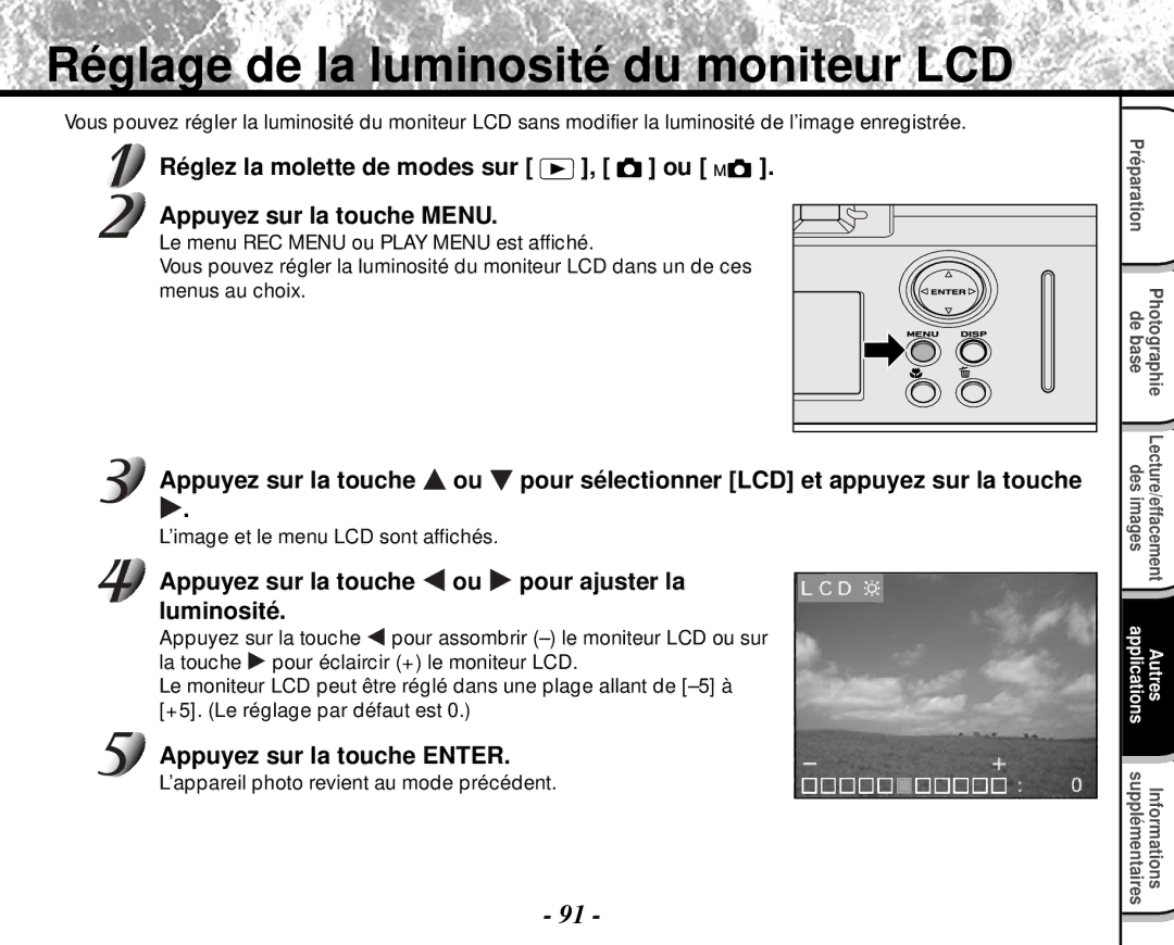 Toshiba PDR-M4 Réglage de la luminosité du moniteur LCD, Appuyez sur la touche Pour ajuster la Luminosité 