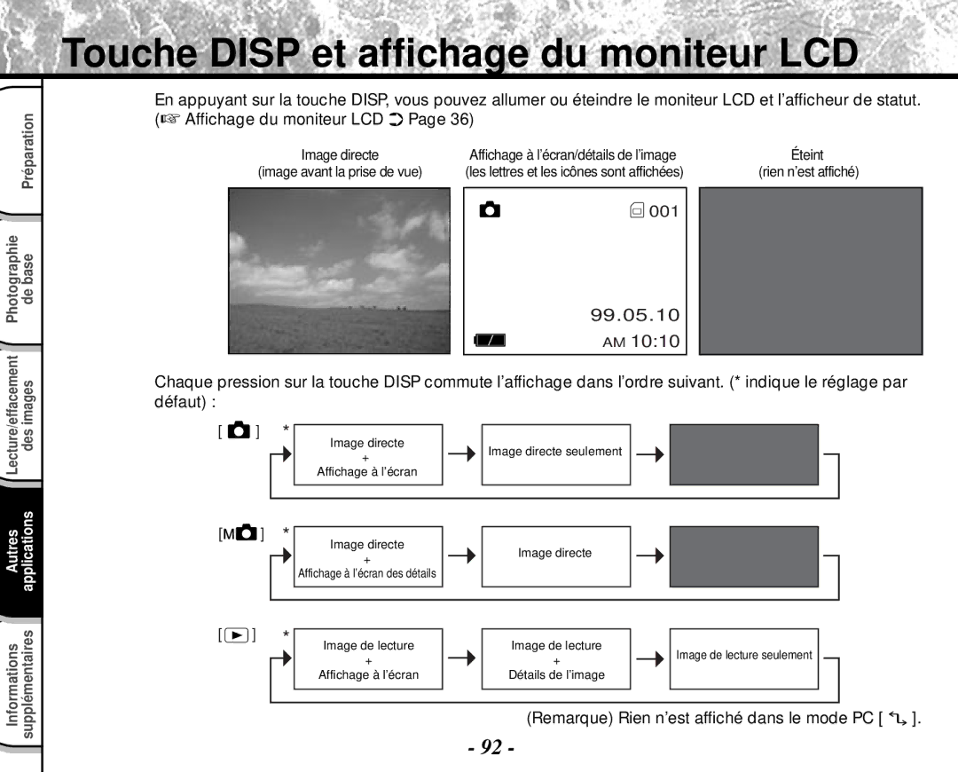 Toshiba PDR-M4 instruction manual Touche Disp et affichage du moniteur LCD, Remarque Rien n’est affiché dans le mode PC 