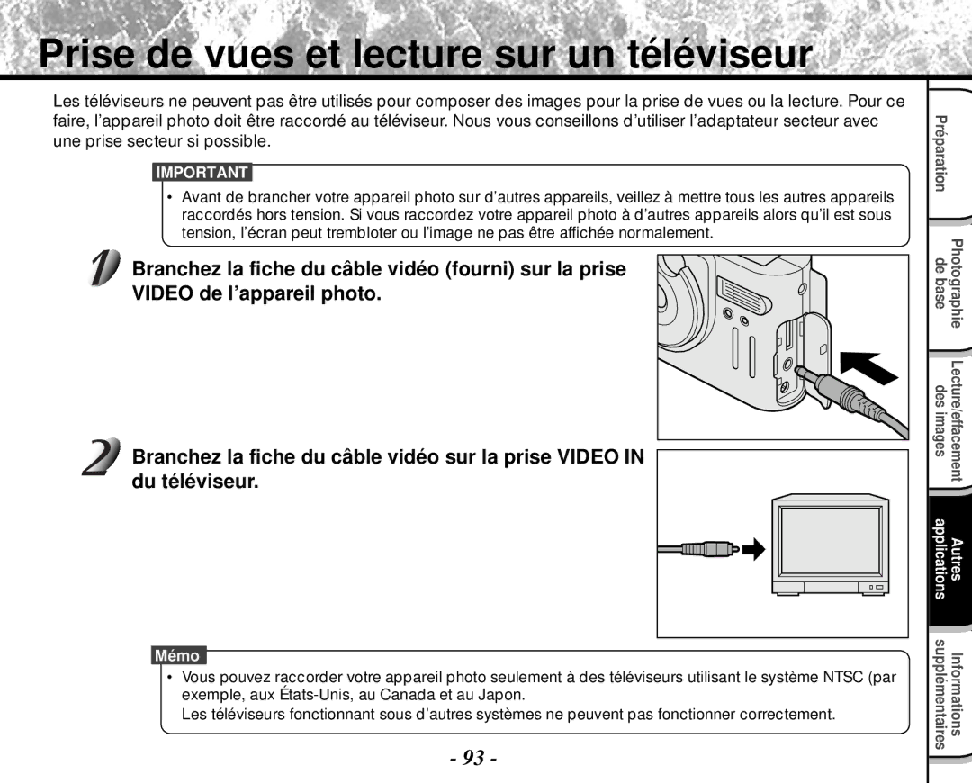 Toshiba PDR-M4 Prise de vues et lecture sur un téléviseur, Branchez la fiche du câble vidéo fourni sur la prise 