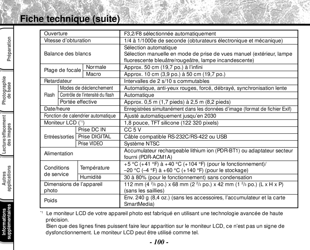 Toshiba PDR-M4 Fiche technique suite, Fluorescente bleuâtre/rougeâtre, lampe incandescente, Automatique, Fourni PDR-ACM1A 