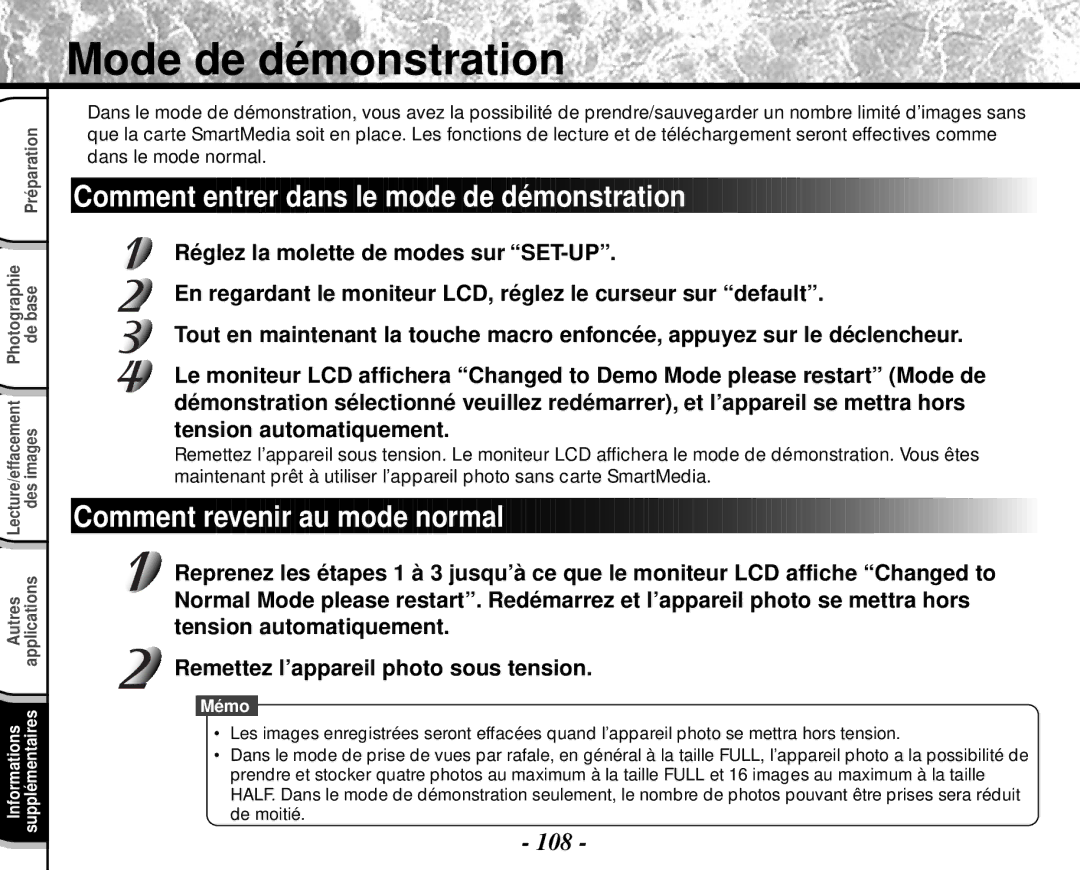 Toshiba PDR-M4 Mode de démonstration, Comment entrer dans le mode de démonstration, Comment revenir au mode normal 