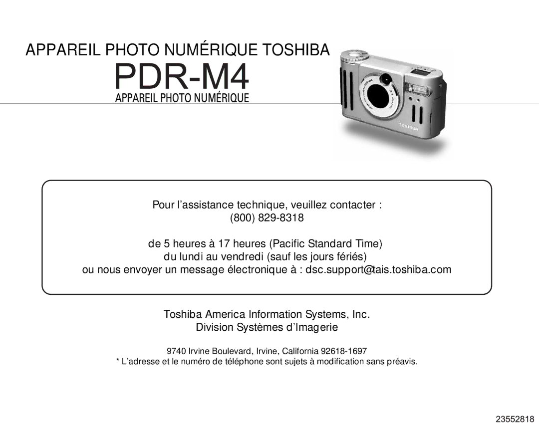 Toshiba PDR-M4 instruction manual Appareil Photo Numérique Toshiba 