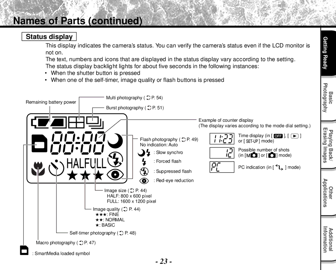 Toshiba PDR-M4 instruction manual Status display, Photography Basic 