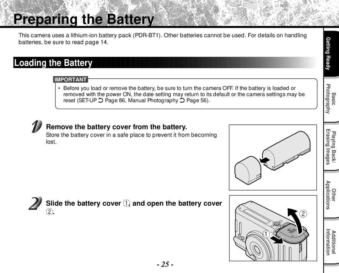 Toshiba PDR-M4 Preparing the Battery, Remove the battery cover from the battery, Batteries, be sure to read 