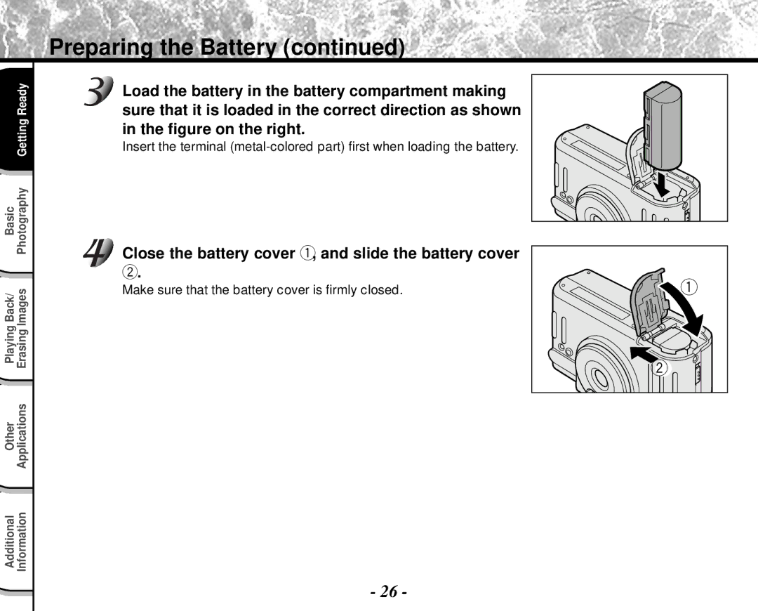 Toshiba PDR-M4 instruction manual Preparing the Battery, Close the battery cover q, and slide the battery cover 