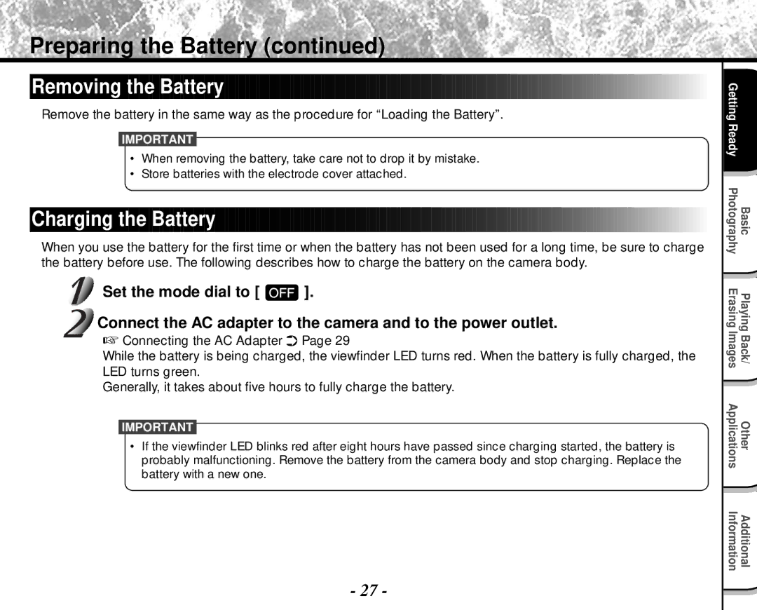 Toshiba PDR-M4 instruction manual Removing the Battery, Charging the Battery 