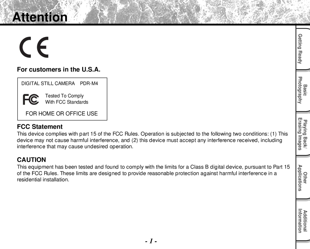 Toshiba PDR-M4 instruction manual For customers in the U.S.A, FCC Statement 