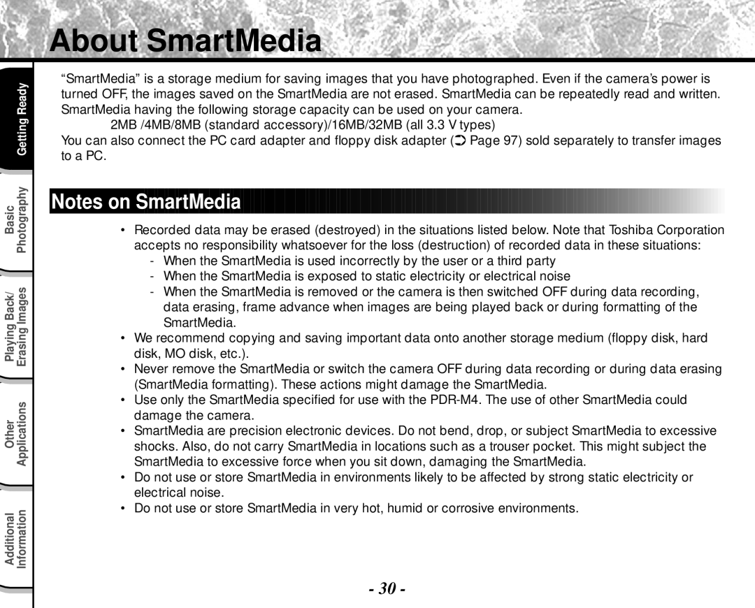 Toshiba PDR-M4 instruction manual About SmartMedia 