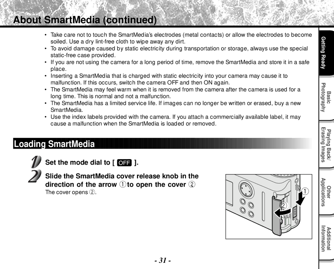 Toshiba PDR-M4 instruction manual About SmartMedia, Loading SmartMedia, Cover opens w 