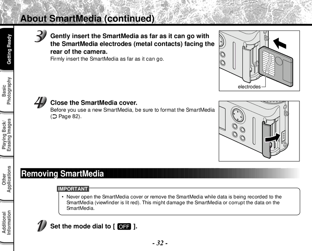 Toshiba PDR-M4 instruction manual Removing SmartMedia, Close the SmartMedia cover, Set the mode dial to 