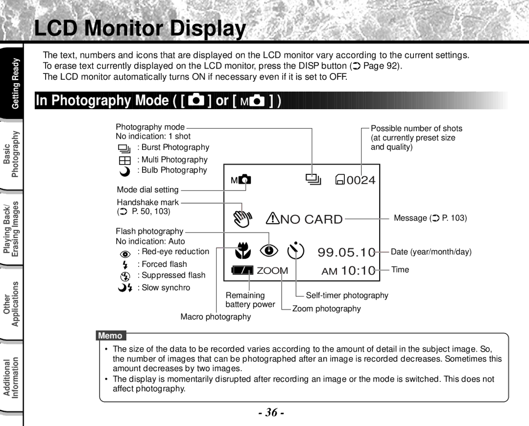 Toshiba PDR-M4 instruction manual LCD Monitor Display, Photography Mode or 