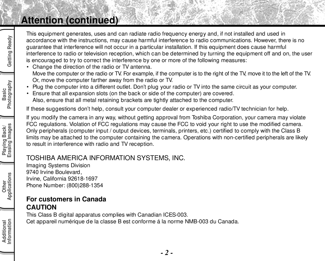 Toshiba PDR-M4 instruction manual For customers in Canada 