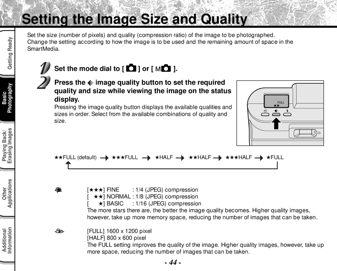 Toshiba PDR-M4 instruction manual Setting the Image Size and Quality, Fine Jpeg compression 