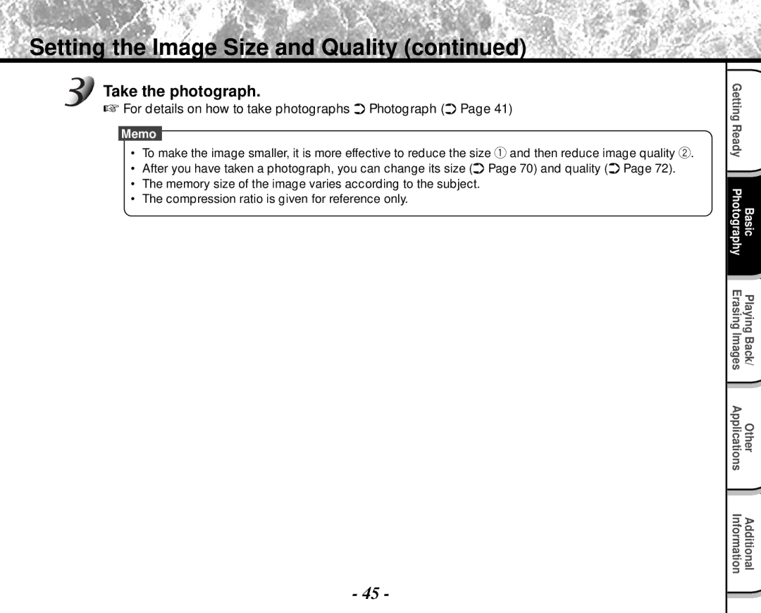 Toshiba PDR-M4 Setting the Image Size and Quality, Take the photograph, For details on how to take photographs Photograph 