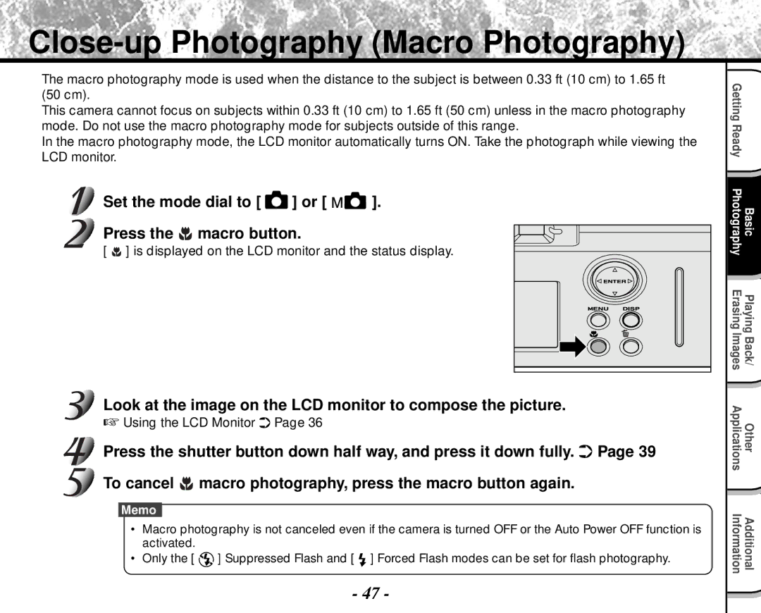 Toshiba PDR-M4 instruction manual Close-up Photography Macro Photography, Set the mode dial to Press Macro button, 50 cm 