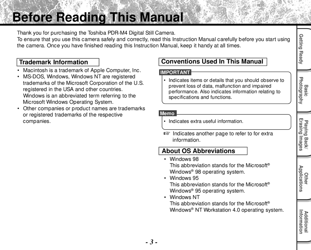 Toshiba PDR-M4 Before Reading This Manual, Trademark Information, Conventions Used In This Manual, About OS Abbreviations 