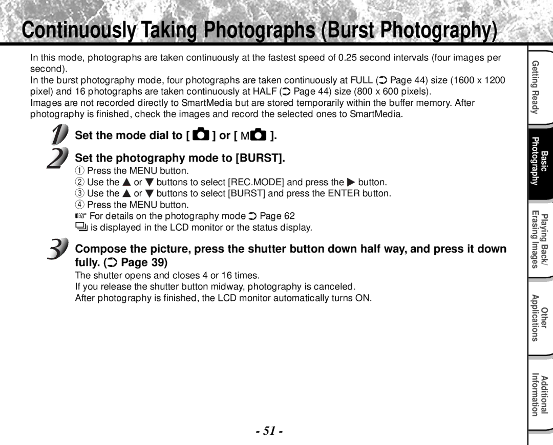 Toshiba PDR-M4 instruction manual Continuously Taking Photographs Burst Photography 