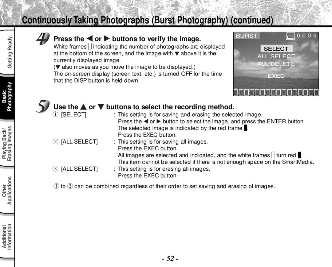 Toshiba PDR-M4 Continuously Taking Photographs Burst Photography, Press the or buttons to verify the image 