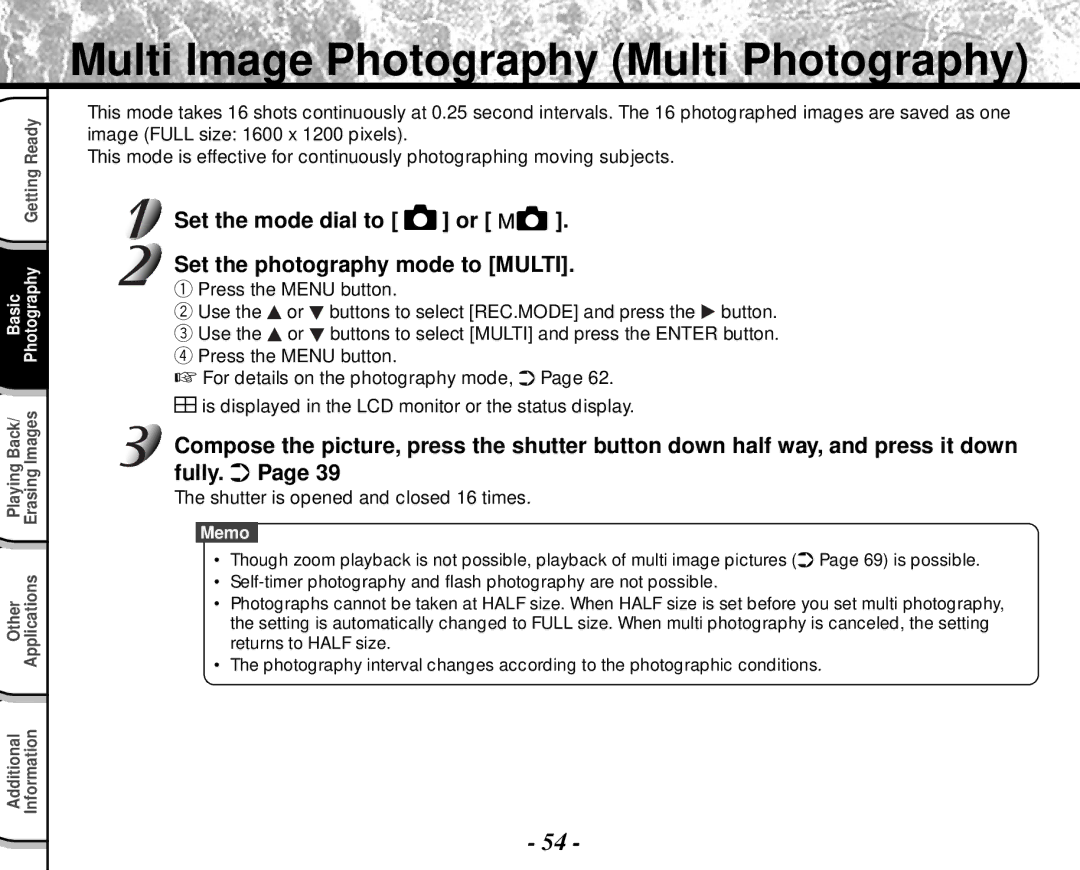 Toshiba PDR-M4 Multi Image Photography Multi Photography, Set the mode dial to or Set the photography mode to Multi 