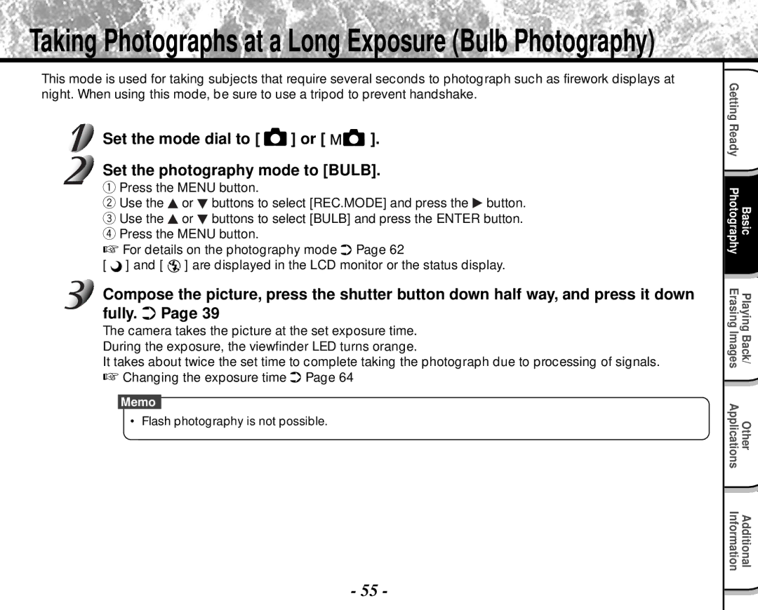 Toshiba PDR-M4 instruction manual Taking Photographs at a Long Exposure Bulb Photography 