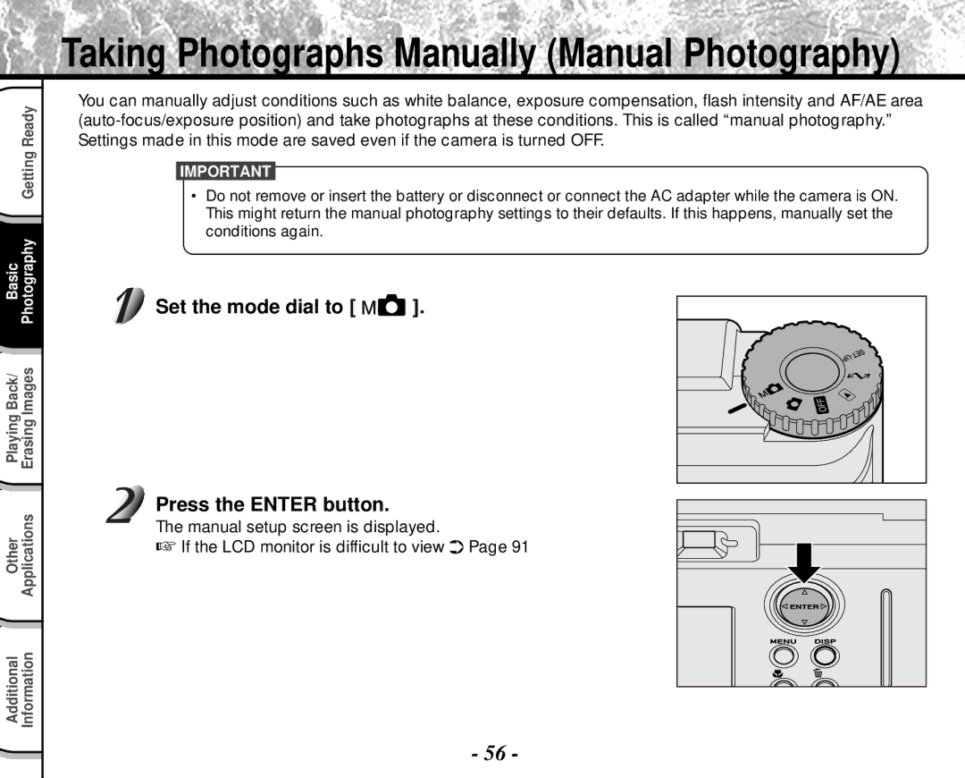 Toshiba PDR-M4 Taking Photographs Manually Manual Photography, Set the mode dial to Press the Enter button 