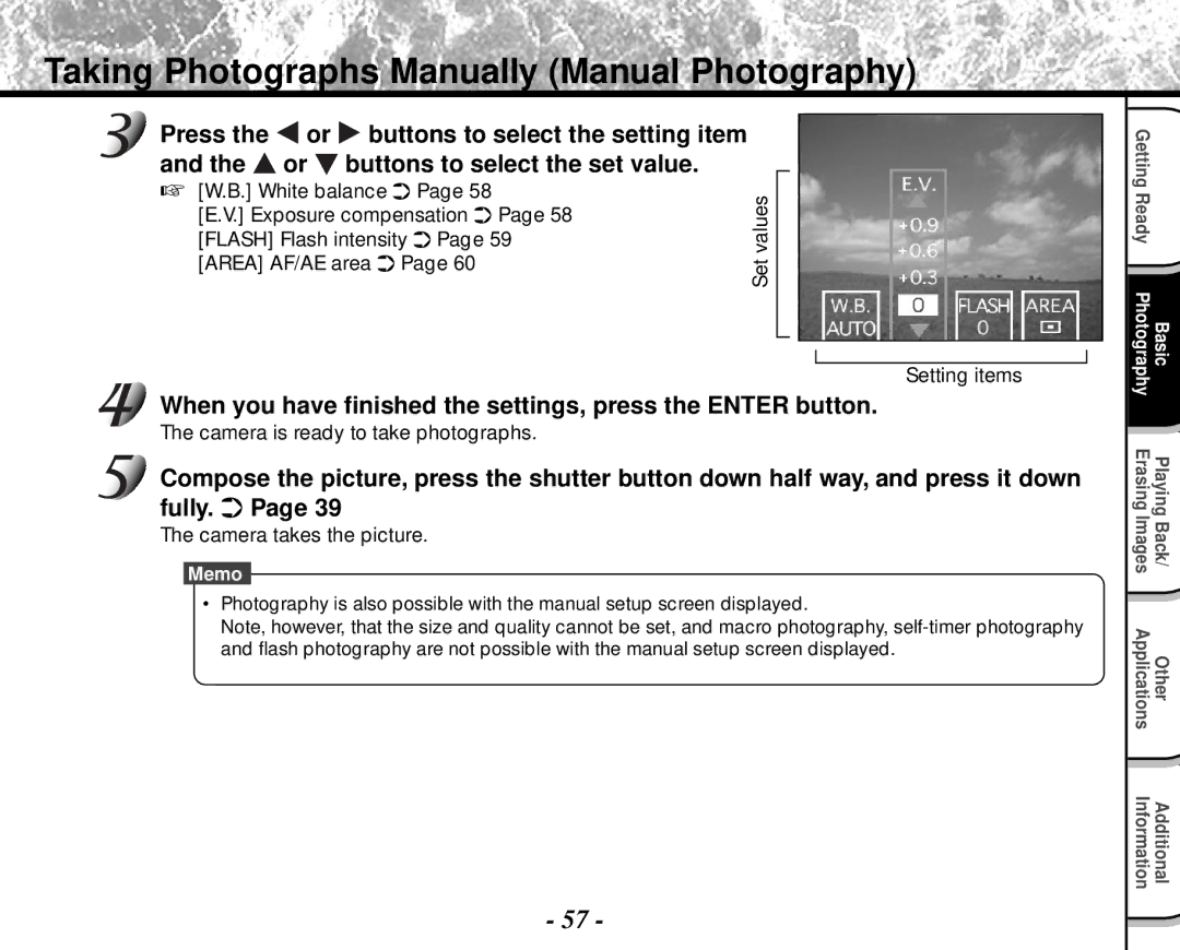 Toshiba PDR-M4 Taking Photographs Manually Manual Photography, When you have finished the settings, press the Enter button 