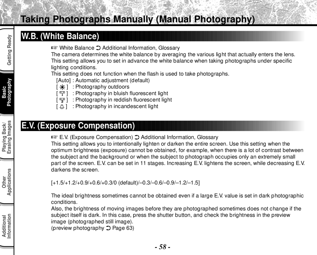 Toshiba PDR-M4 instruction manual White Balance, Exposure Compensation, Photography in incandescent light 