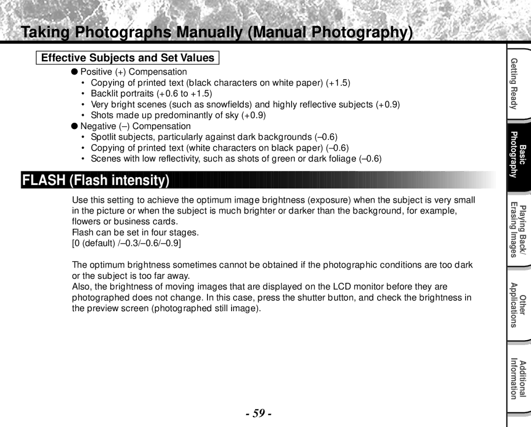 Toshiba PDR-M4 instruction manual Flash Flash intensity, Effective Subjects and Set Values 