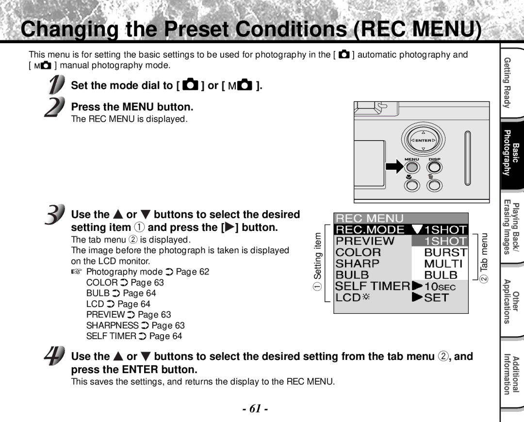 Toshiba PDR-M4 Changing the Preset Conditions REC Menu, Press the Menu button, Use Buttons to select the desired 