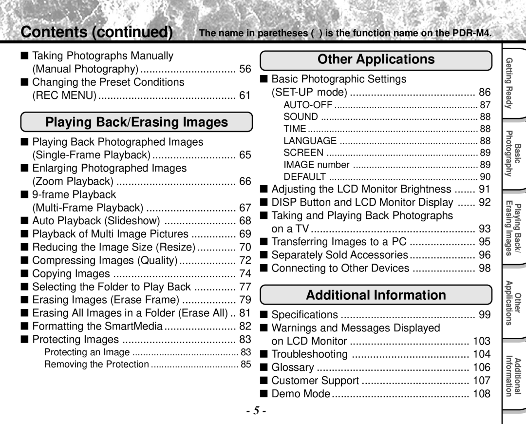 Toshiba PDR-M4 instruction manual Contents 