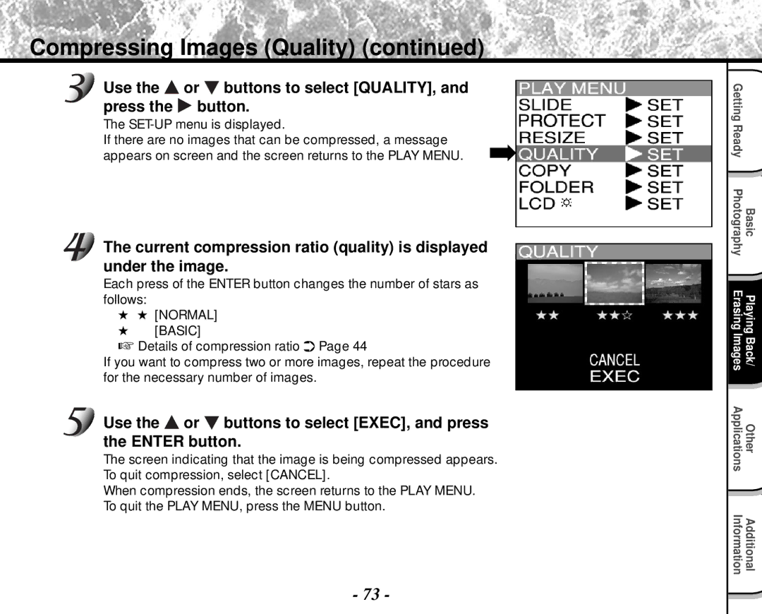 Toshiba PDR-M4 instruction manual Compressing Images Quality, Use Or buttons to select QUALITY, Press Button 