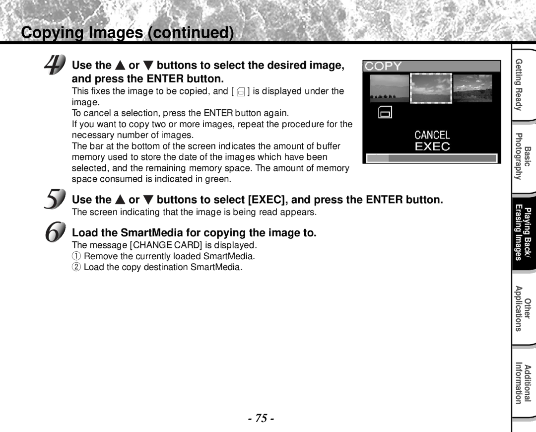 Toshiba PDR-M4 Copying Images, Load the SmartMedia for copying the image to, Message Change Card is displayed 