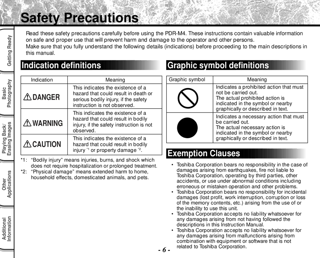 Toshiba PDR-M4 instruction manual Safety Precautions, Indication definitions Graphic symbol definitions 