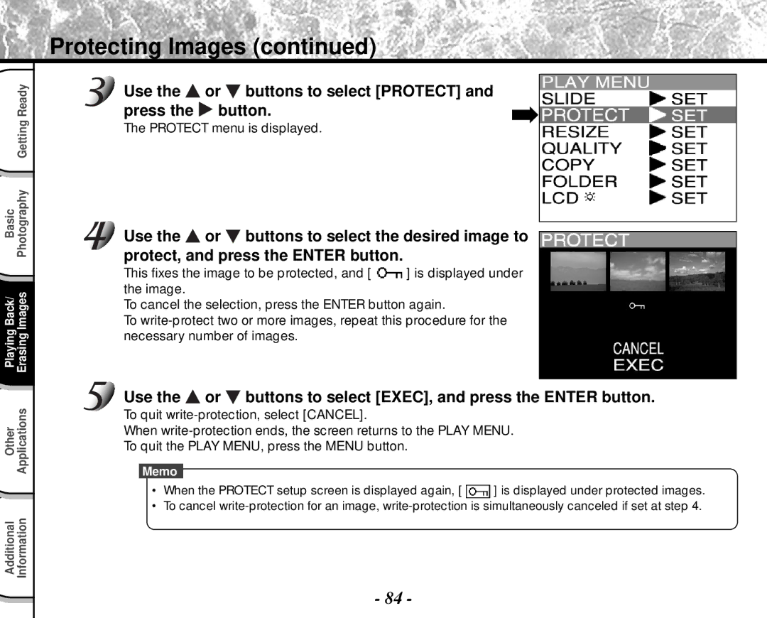 Toshiba PDR-M4 instruction manual Protecting Images, Use Or buttons to select Protect Press Button 