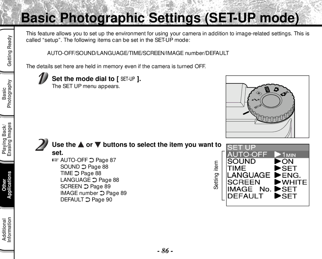 Toshiba PDR-M4 Basic Photographic Settings SET-UP mode, Use the or buttons to select the item you want to set 